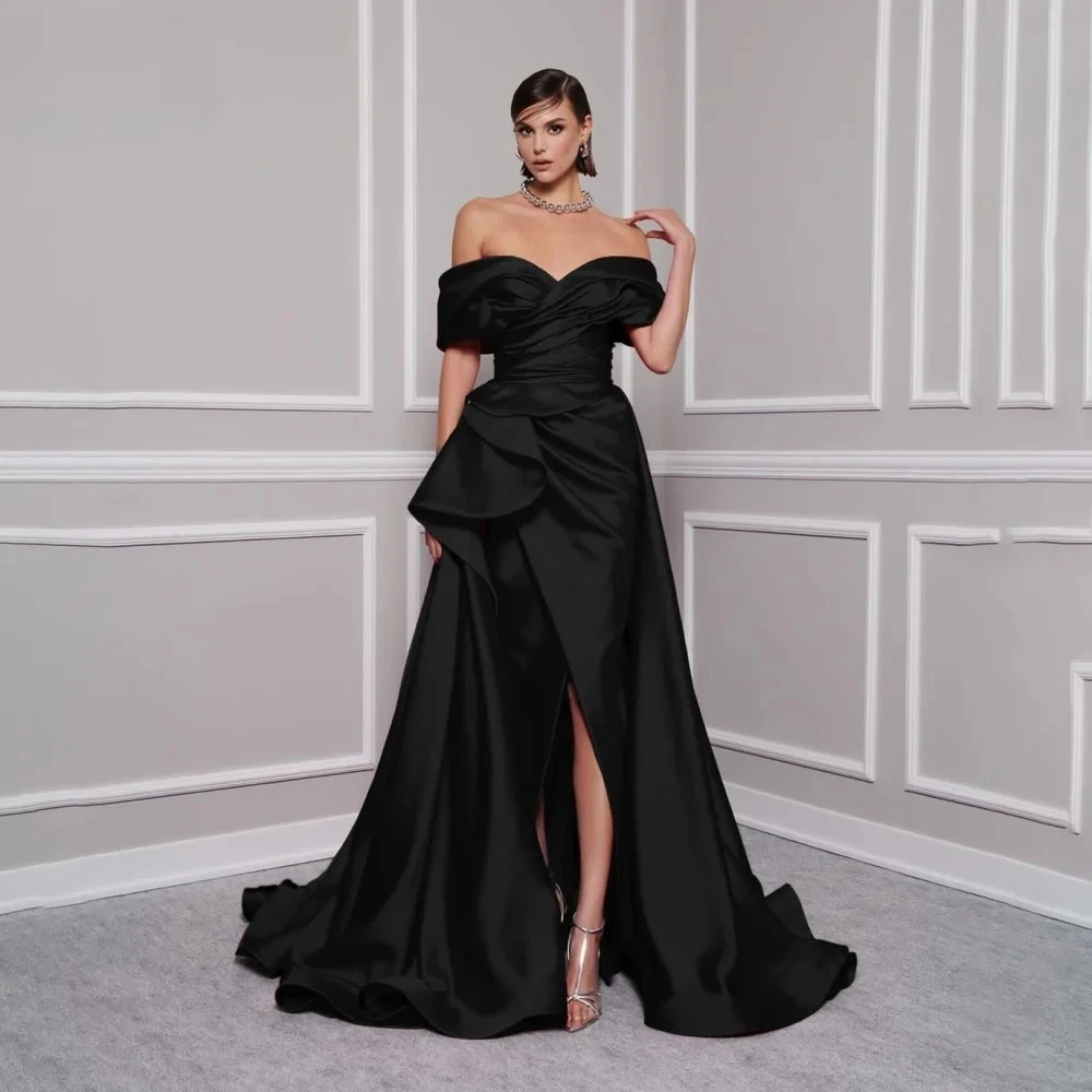Red Long Prom Dress for Woman Customized Off The Shoulder Satin Pleated Side Split  A Line Sweep Train Formal Party Dresses