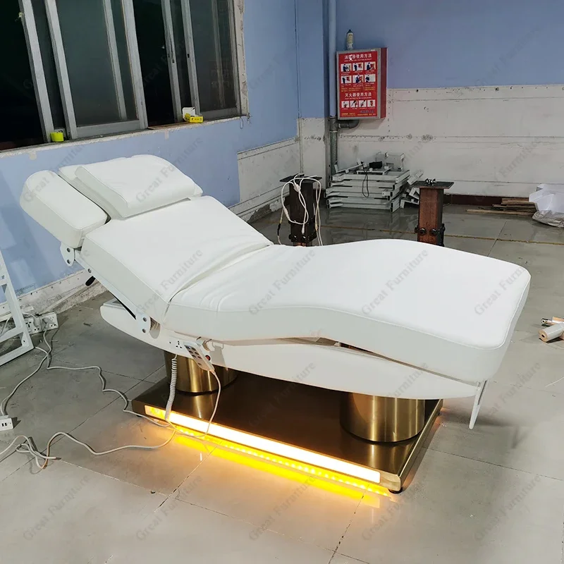 White Leather Gold Round Base Beauty Salon Eyelash Bed 3/4 Motors Electric Spa Equipment Massage Bed With Led Lighting