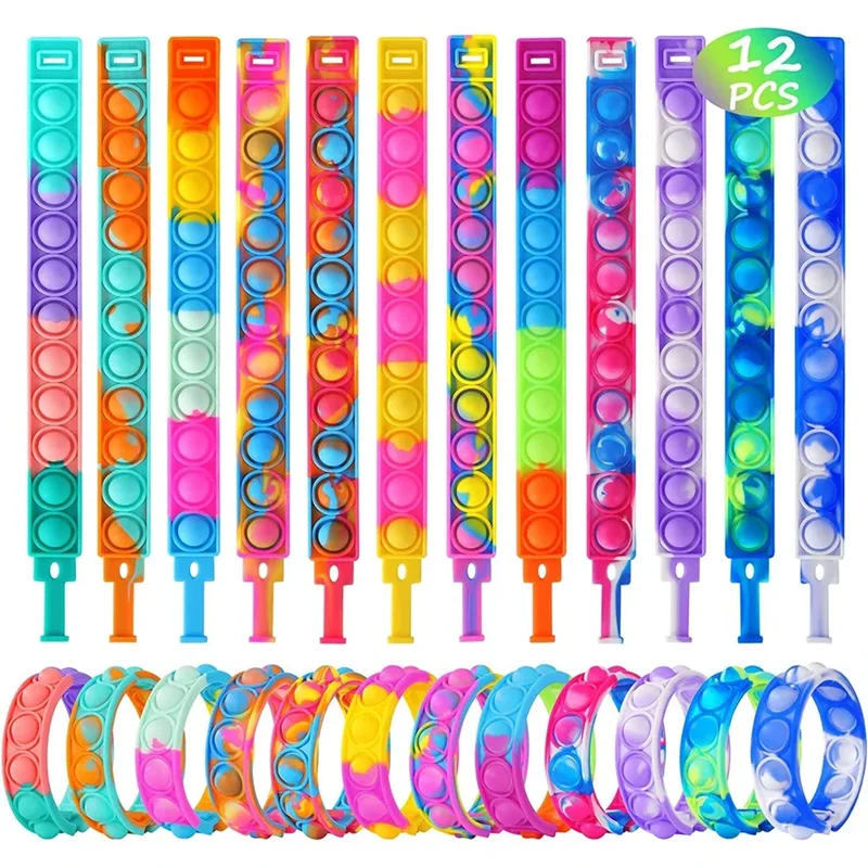 

12Pcs Pop Bracelets Fidget Toy Kids Birthday Party Favors Goodie Bag Pinata Filler Guest Gift Sensory Stress Relief Wristband
