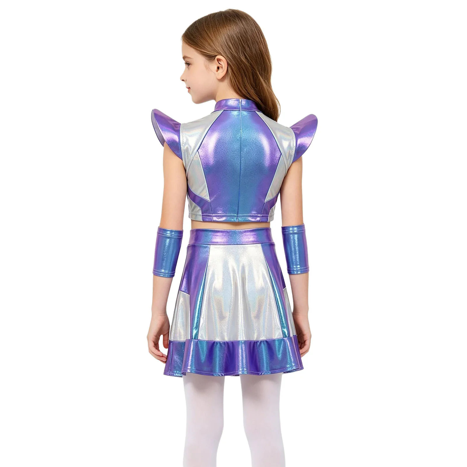 Kids Girls Metallic Shiny Alien Costume Halloween Robot Outer Space Party Cutie Outfit Cap Sleeve Crop Top with Skirt Sleeves