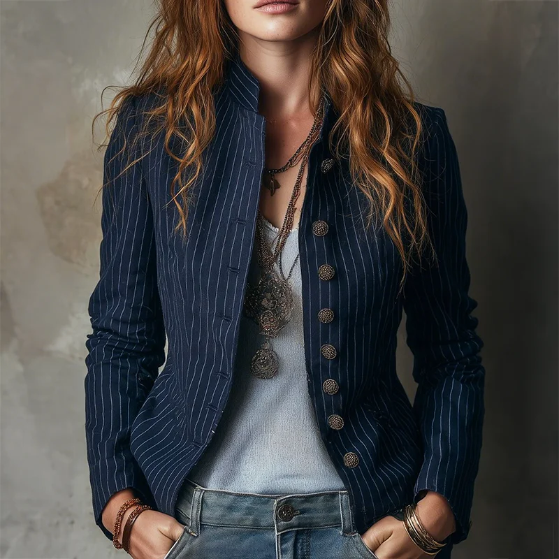 Gestreifte bedruckte Jacke für Damen, Bürodame, elegant, schlank, Stehkragen, High Street, lässig, langärmelig, Herbst-Oberbekleidung, Jacken