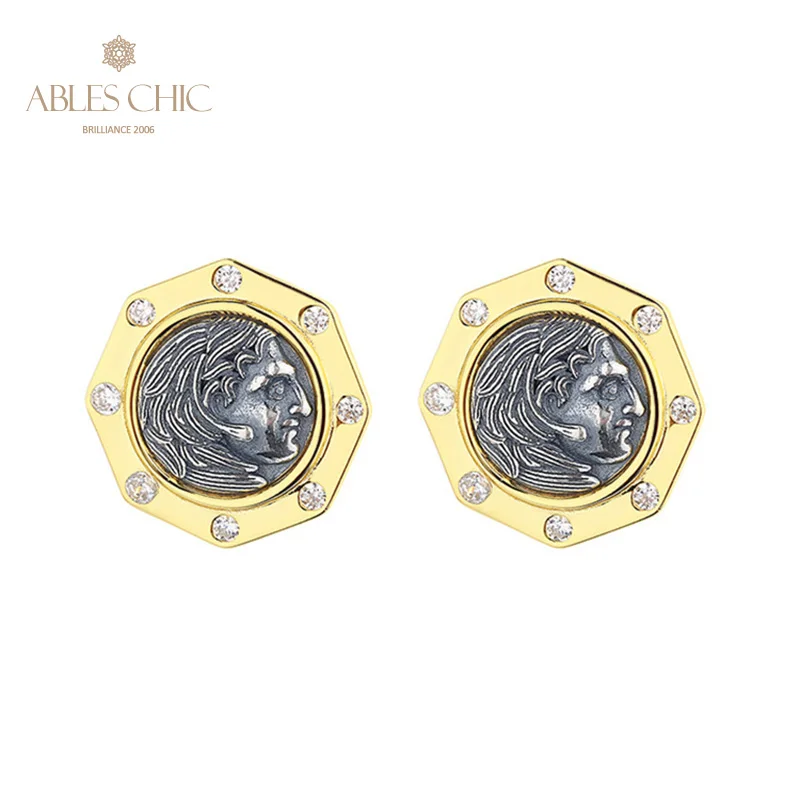 

Hercules Greek Coins 18K Gold Tone Solid 925 Silver Roman Coin CZ Accent Stud Earrings E1038