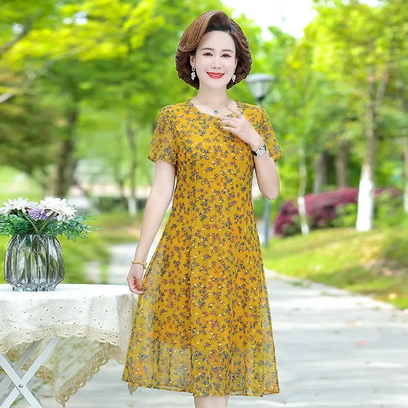 Damen Blumen-Chiffonkleid Kurzarm A-Linie Übergröße Sommer Casual Midikleid