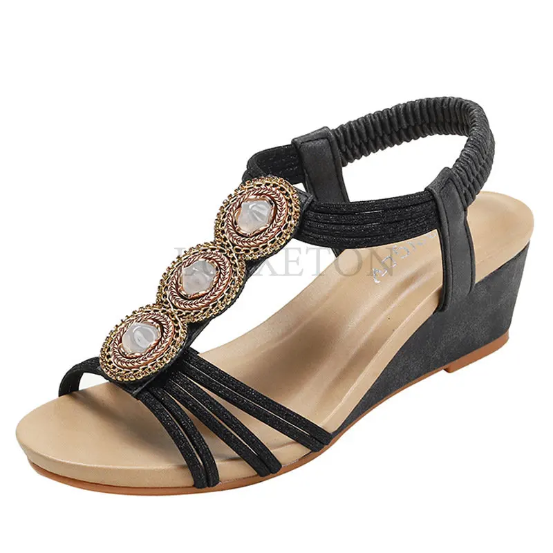 Summer Women Sandals Wedges Casual T-Strap Gladiator Sandals Fashion Bling Gold Silver Knitted Beach Flat Shoes Women