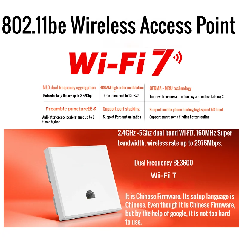 

Тонкий BE3600 WiFi 7 Панельный порт AP 2,5G RJ45, 3571 Мбит/с в стене AP WiFi7 проект Внутренняя точка доступа 802.11be 2,4G 688M 5G 2882M