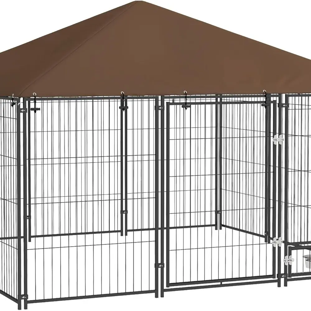 

7x7ft Outdoor Dog Kennel with Canopy, Play Pen Fence, Rotating Bowl for Pets, Black