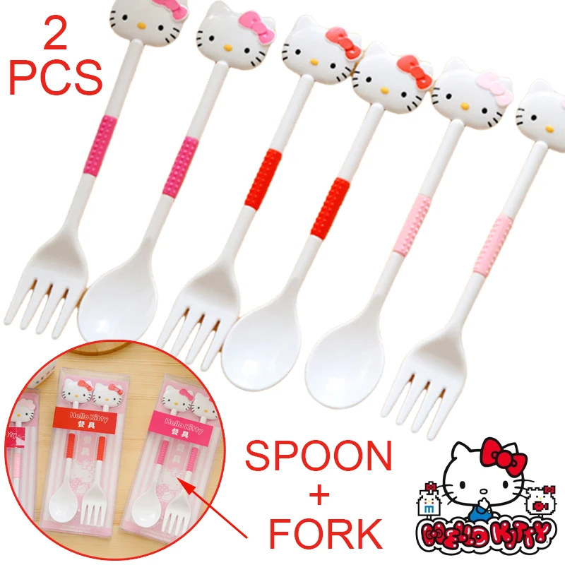 

2pcs Sanrio Hello Kitty Cutlery Set Cartoon Forks Spoon Student Plastic Dinnerware Fruit Fork Kids Portable Picnic Tableware