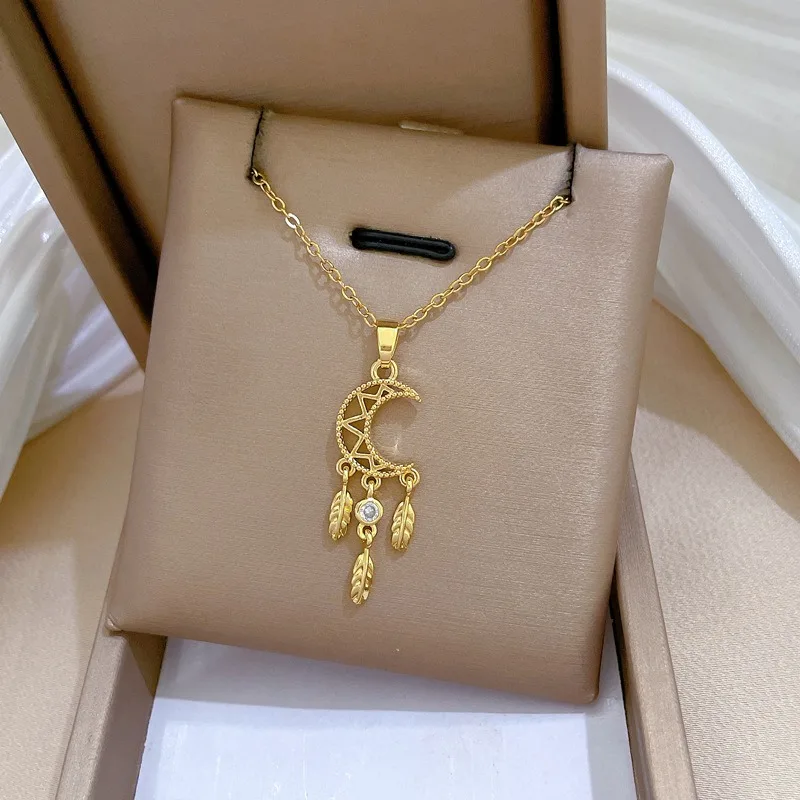 Stainless Steel Chain Hollow Dreamcatcher Zircon Pendant Necklace for Women Girls Gold Color Choker Jewelry Accessories Gifts