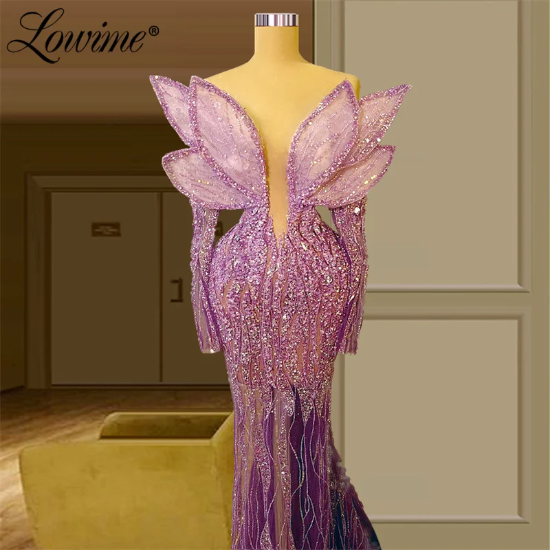 Lowime See Through Purple Party Dresses For Weddings 2022 Long Mermaid Celebrity Pageant Evening Gowns Couture Beaded Prom Dress