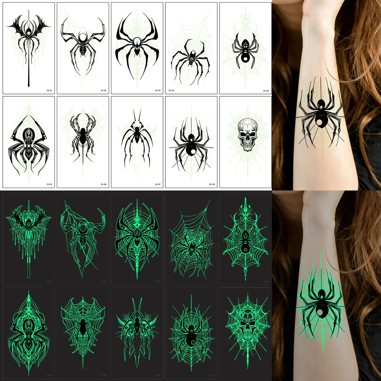 10 Pieces of Glow-In-The-Dark Temporary Tattoo Stickers, Halloween Spider Series, Spider, Skull, Spider Web Designs, Party Temporary Makeup Waterproof Fake Tattoo Stickers