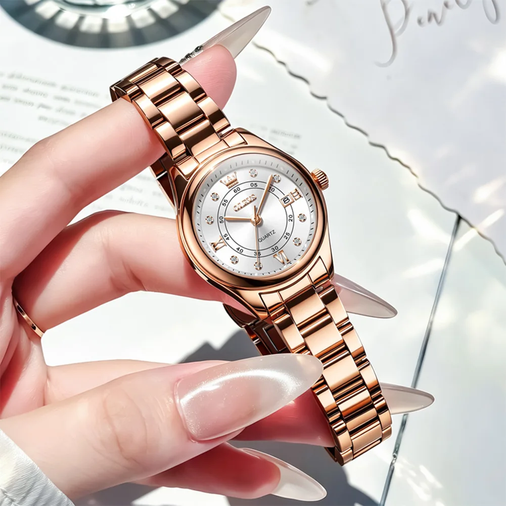 OLEVS Women Quartz Watch Rose Gold Stainless Steel Band Diamond Inlay Dial Calendar Ladies Wrist Watch Female Gift Clock