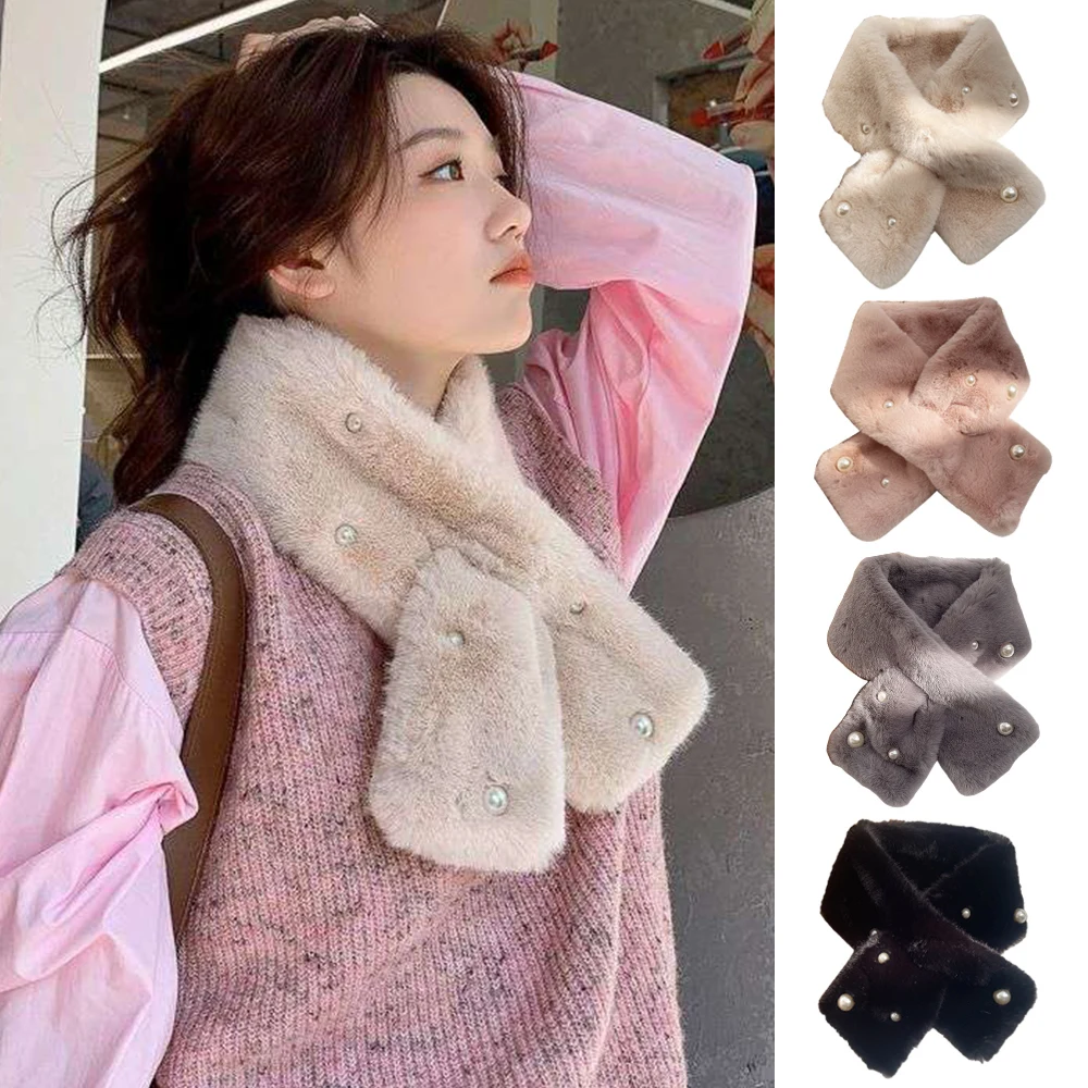 2025 Pearl Faux Rabbit Fur Scarf Women Cute Neck Warmer Winter Warm Soft Furry Scarves Outdoor Windproof Cross Scarf Collar New