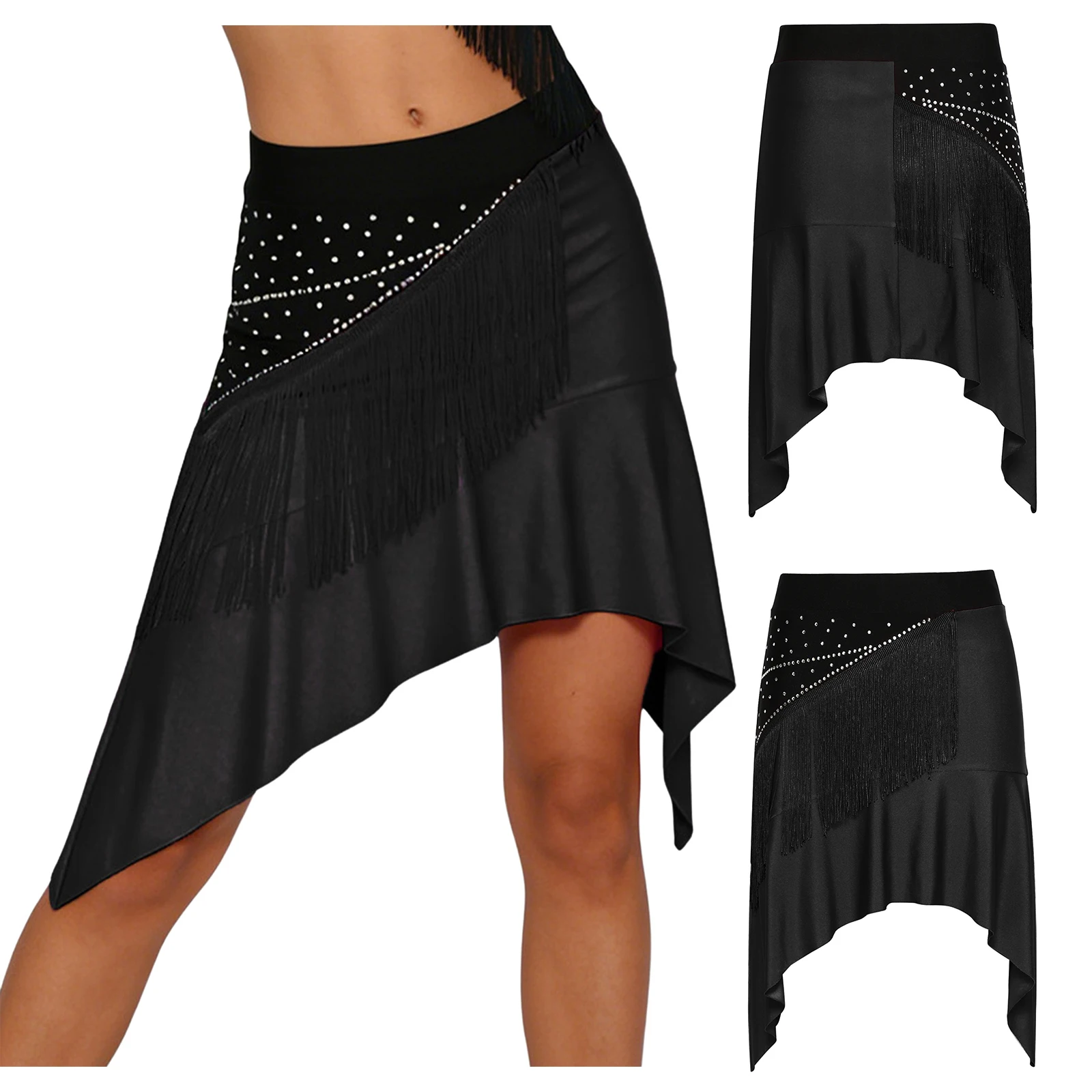 

Women Latin Tango Dance Skirts Cha-cha Rumba Salsa Tap Jazz Competition Performance Costume Rhinestones Tassel Dancewear Skirts