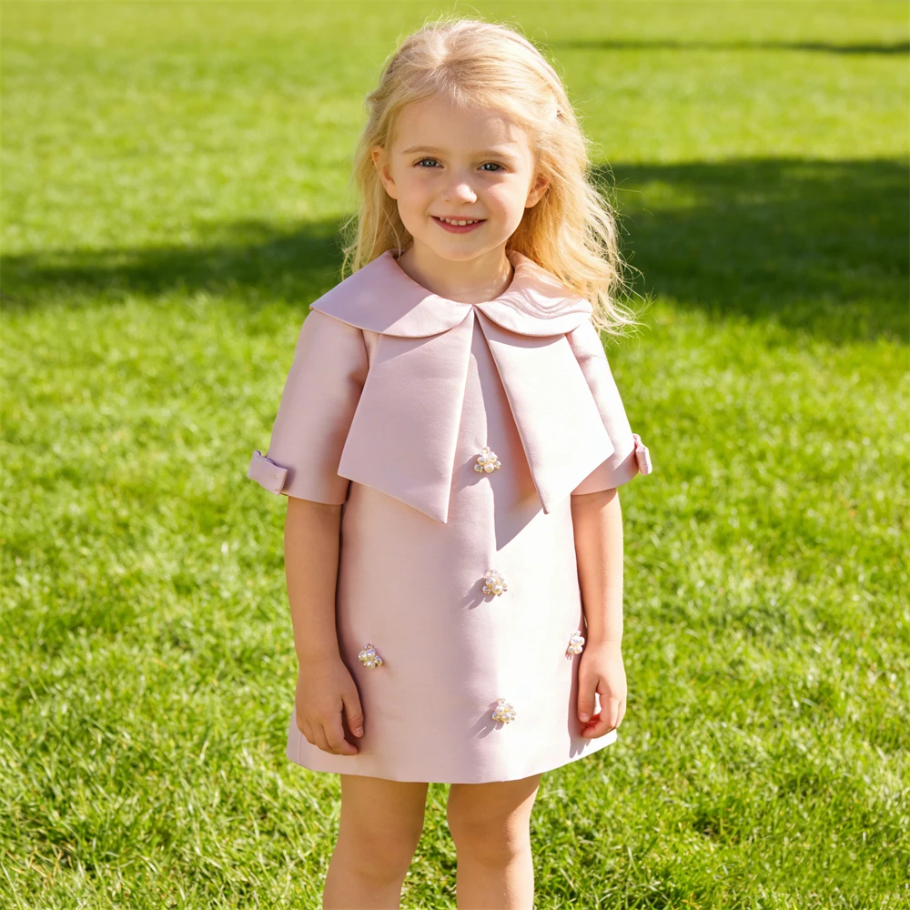 24 Hours Ship Pink Satin Dress for Children, 2-12 Yrs Kids Dress, Half Sleeves Bowtie Collar Birthday Dress with Pearls