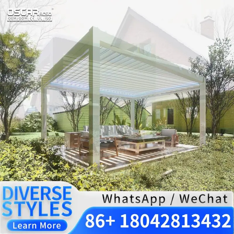 Waterproof Motorized Aluminum Louvered  Cover Shading Outdoor Backyard Patio Deck European Garden Bioclimatic Gazebo Canopy Mode