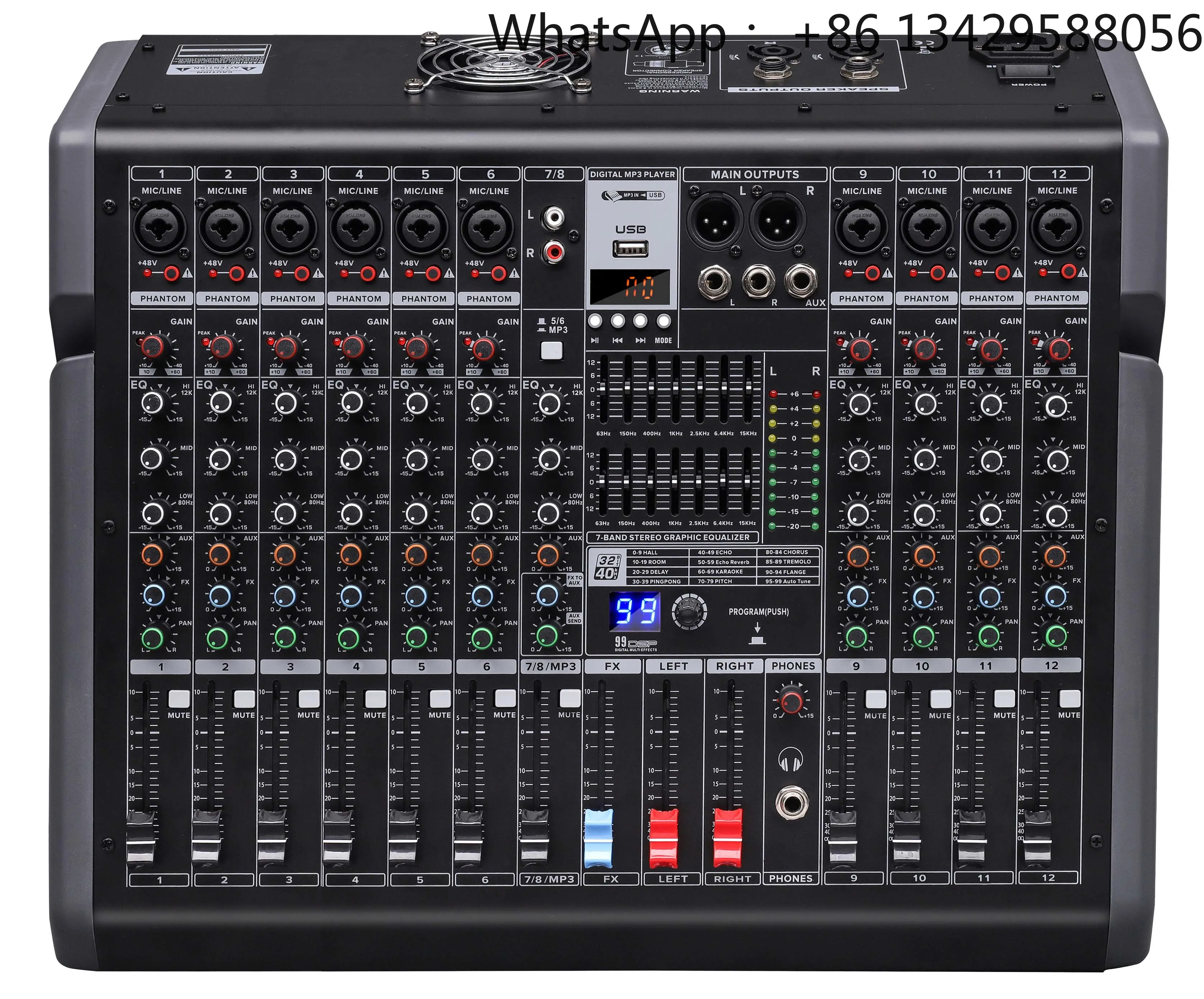 PTX-1200D 99DSP Effects Audio Mixer Console 7-band EQ 12 Channels Mono/2 Channel Stereo/MP3/Blue-tooth/48V Phantom Power