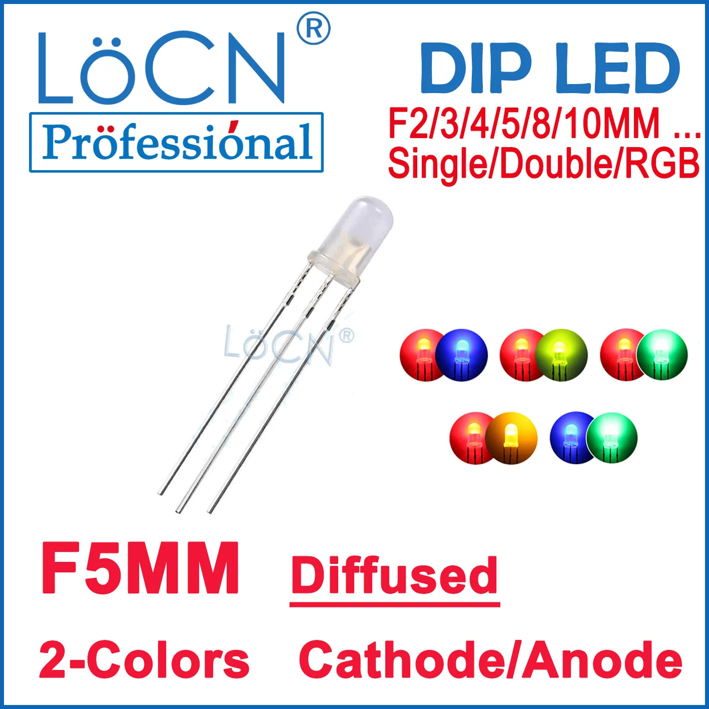 LoCN 1000pcs F5 5MM LED Diode Bicolor 2-colors Red Blue Green Yellow Common Cathode Anode Diffused Round head Long Pins DIP3 3P