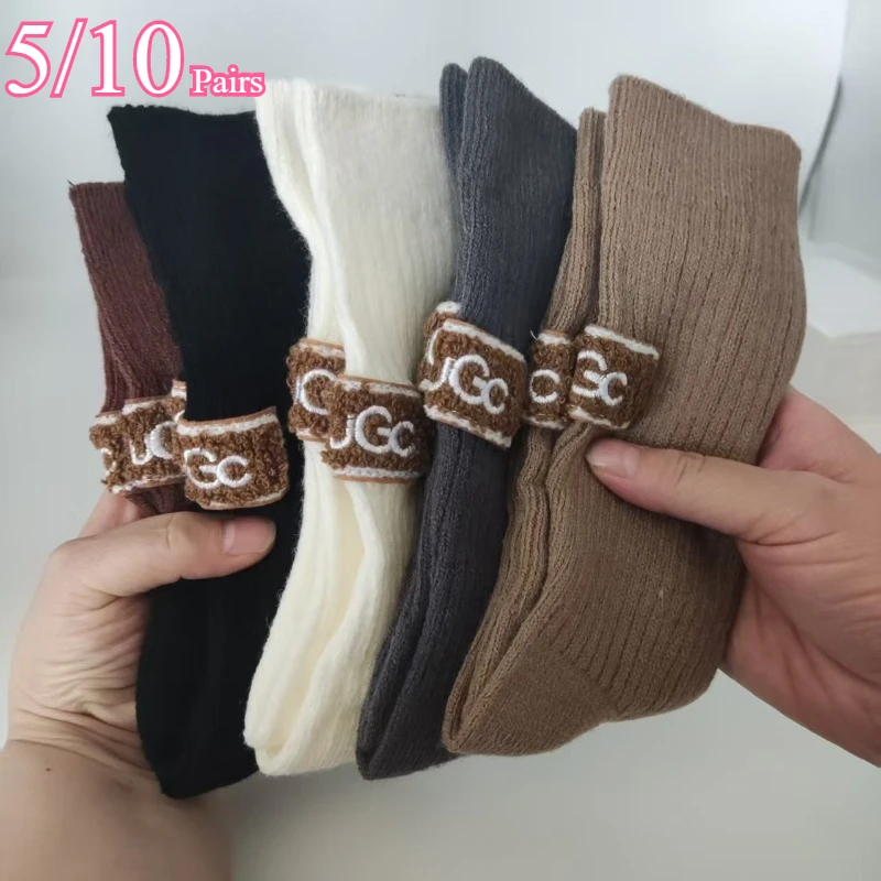 

Носки женские, роскошные дизайнерские кашемировые шерстяные носки, однотонные, теплые, с толстым ворсом, вышитым логотипом, женские зимние ботинки до середины икры, 5/10 пар