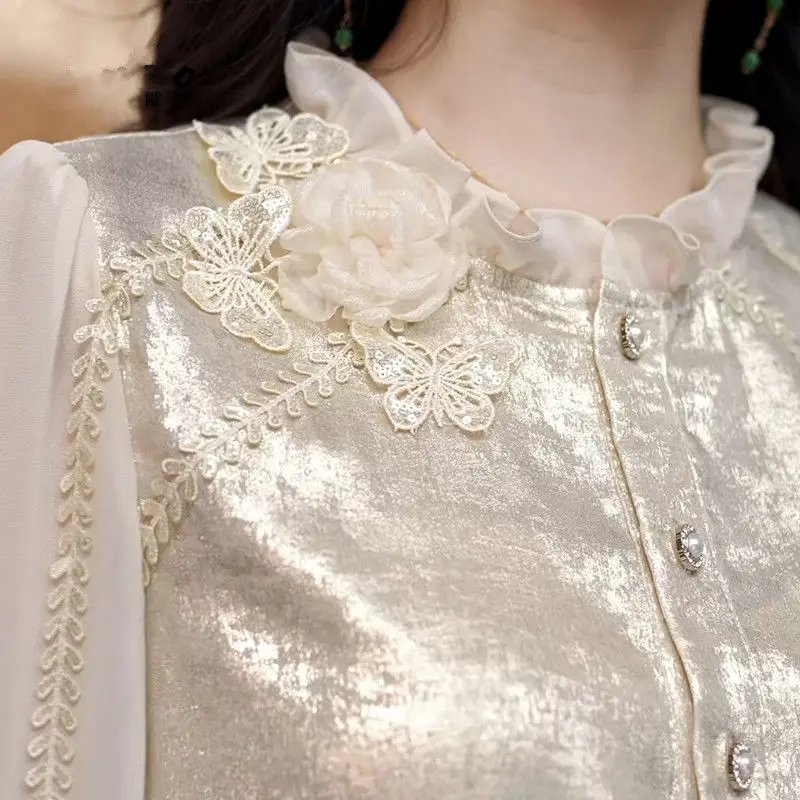 Luxury Streaming Satin French Long-sleeved Shirt for Women Spring Autumn Splicing Design Unique Beautiful Shirt Office Lady Top