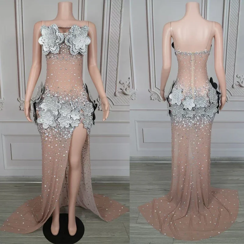Strass robe de soirée fleur gala tenues d'anniversaire femmes chanteur scène défilé Festival tenue Performance tenue de fête
