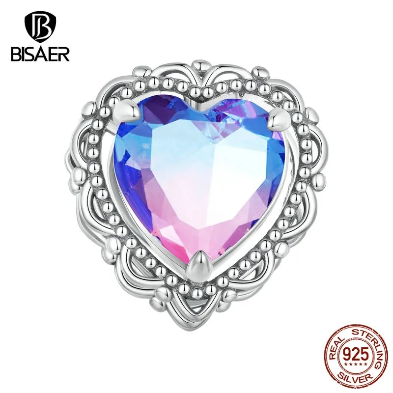 

BISAER 925 Sterling Silver Vintage Purple Heart Gradient Charm Bead Fit Original Female Bracelet & Necklace DIY Fine Jewelry