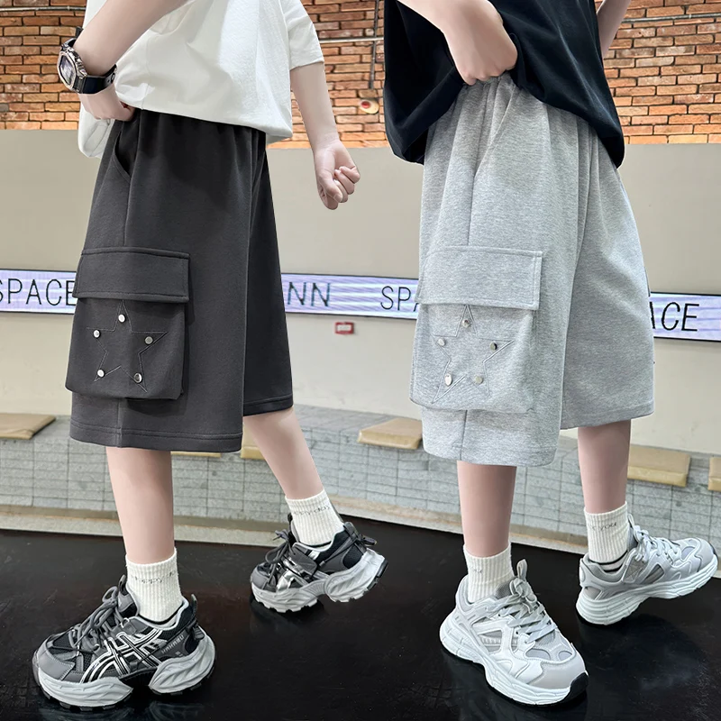 Brief Style Kids Summer Knitted Cotton Cargo Shorts with Pocket for Tweens Boy Casual Solid Color Knee Length Pants Grey Color