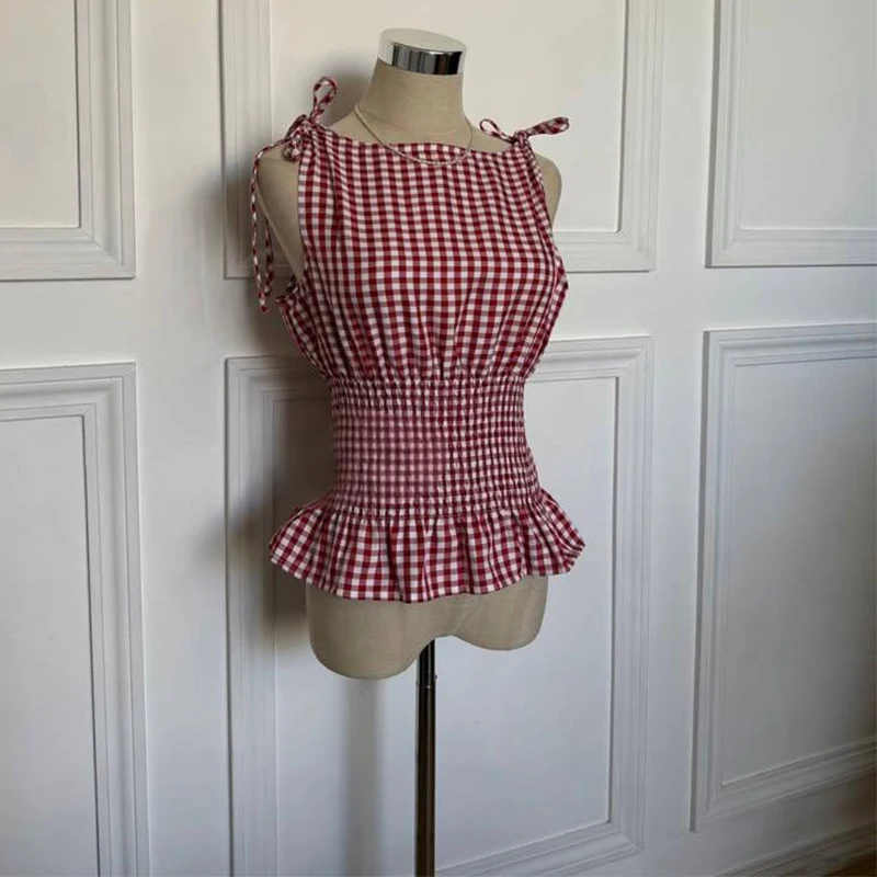 Summer Red and White Checkered Lace-up Waist Trimming Ruffles Top Sweet Girl Style Sleeveless Vest Hot Girl