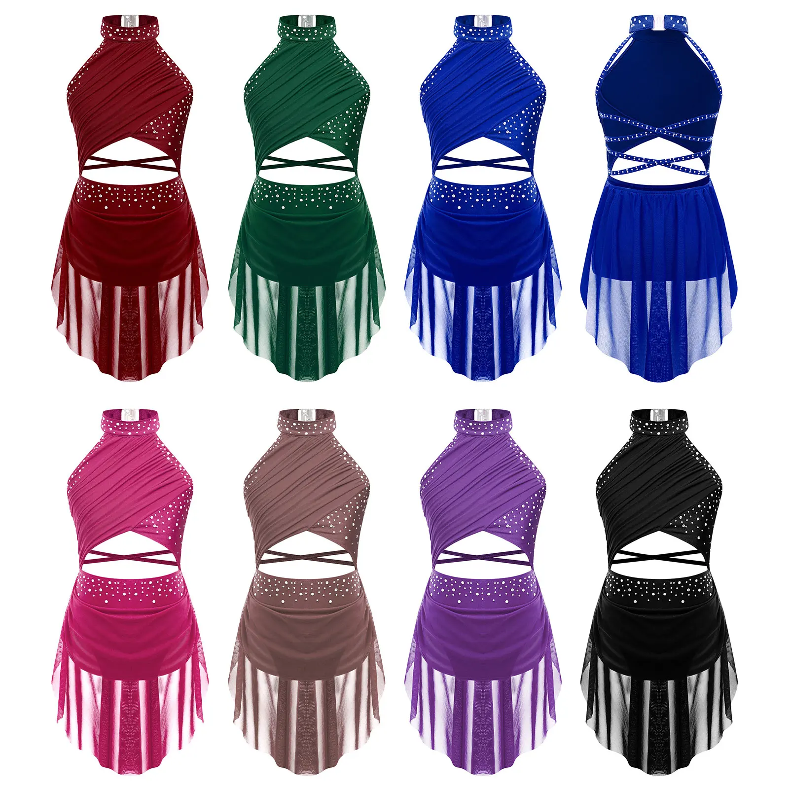 Kids Girls Shiny Rhinestones Lyrical Dance Costume Halter Cutout Strappy Backless Figure Skating Dress Gymnastics Ballet Leotard