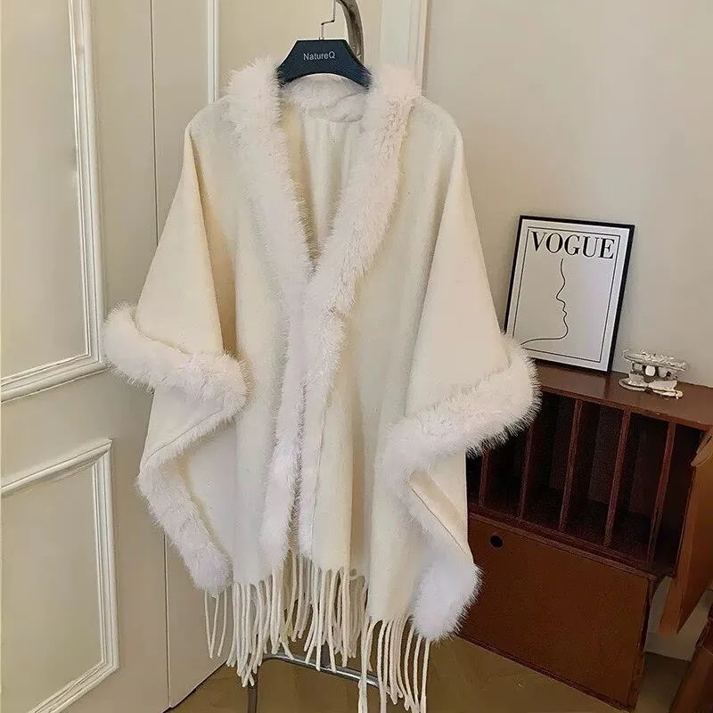 Fashion Cool-Feel Fur-Trimmed Tassel Solid-Color Shawl For Women—fashionable Versatile And Warm For Autumn And Winter Perfect As