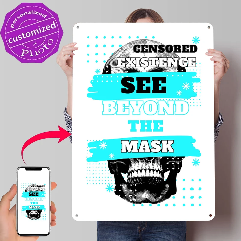Censored Existence: See Beyond the Mask Metallposter, personalisierte Wandkunst, Retro-Vintage-Metallschilder für Männerhöhle, Wanddekoration