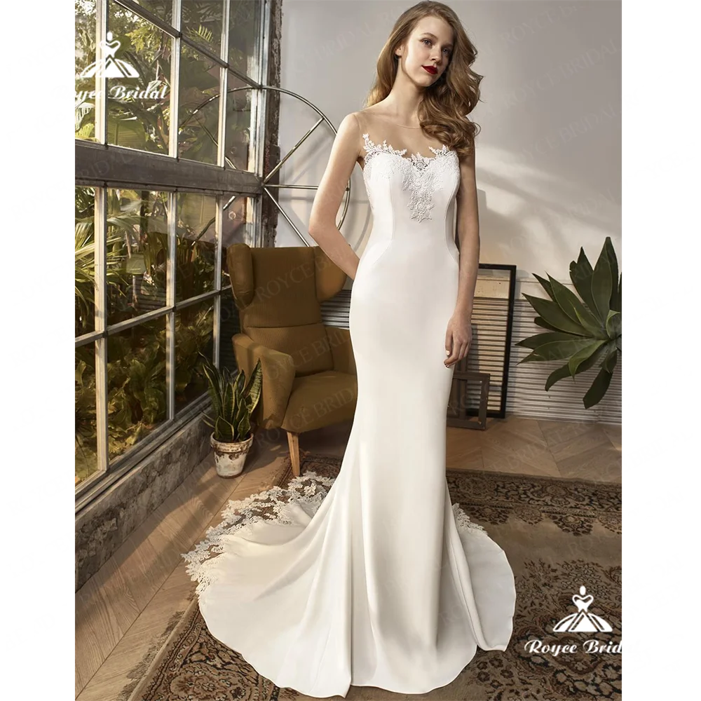 Roycebridal-vestido de novia de sirena con cuello redondo, traje de satén con Espalda descubierta, cola de la capilla, 2025