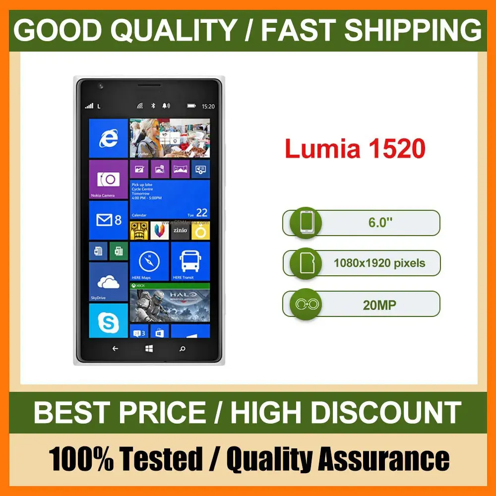 هاتف محمول Lumia 1520 أصلي مصنوع في فنلندا يدعم اللغة الإنجليزية بحالة جيدة