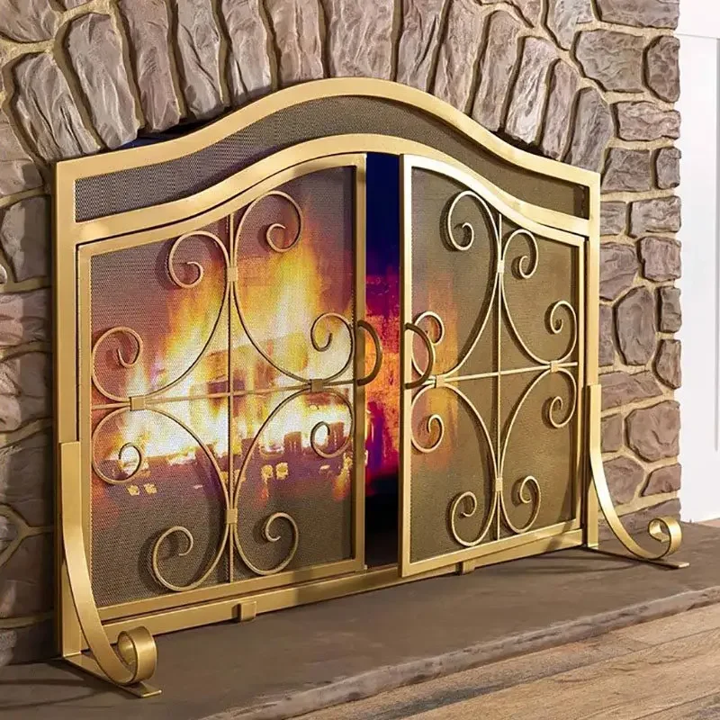 American wrought iron hollow carved fireplace screen partition with door and net dust-proof decorative household new partition