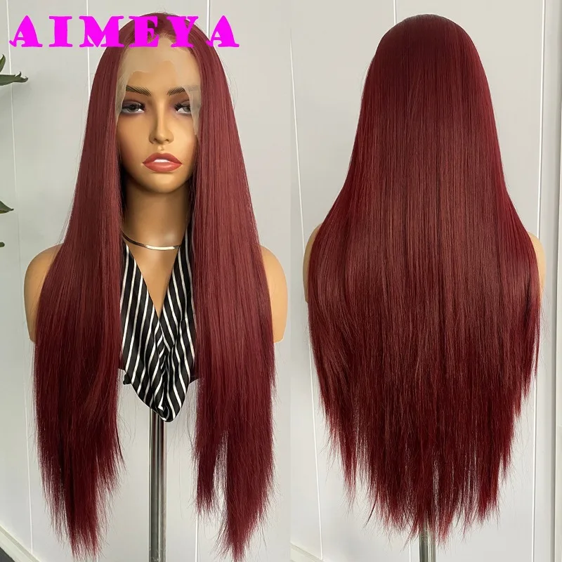 AIMEYA Dark Burgundy Lace Front Wig Long Silky Straight Synthetic Lace Wig Daily Cosplay Wigs Natural Hairline Heat Resistant