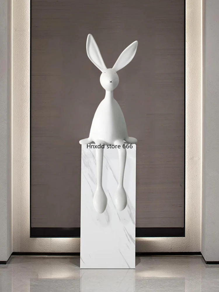 Fiberglass Long Ears Rabbit Sculpture Hotel Hallway Decorations Large White Rabbit Sitting Ornaments