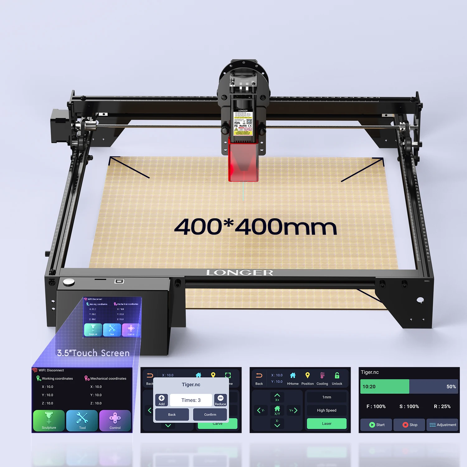 Longer Ray 5 10W laser engraving machine Large size space 400mm * 400mm 3.5 built-in touch screen and offline work