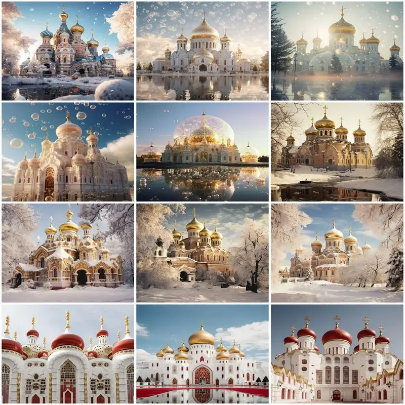 

GATYZTORY Diamond Painting Pictures Castle Snowscape Diamond Mosaic On Stretcher 5d Diamond Rhinestones Painting Gifts Diy Decor