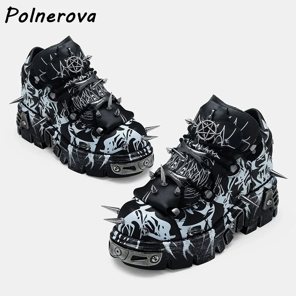 Rivet Punk Thick Soled Pumps Metal Pentagon Dark Rock Style Mixed Color Round Toe Shoes Couples Retro Leather Spike Shoes 2025