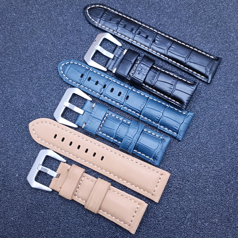 حزام جلدي بديل عالمي مقاس 24 مم بإبزيم من الفولاذ الفاخر وحزام ساعة وسوار من الجلد باللون الأسود والبني والأزرق