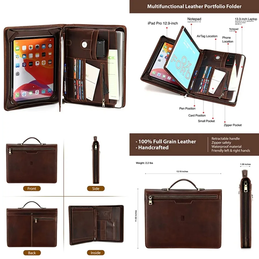 

Leather Portfolio Organizer, Leather Padfolio for Men with Handle, Zippered Professional Business Portfolio Folder MacBook/iPad