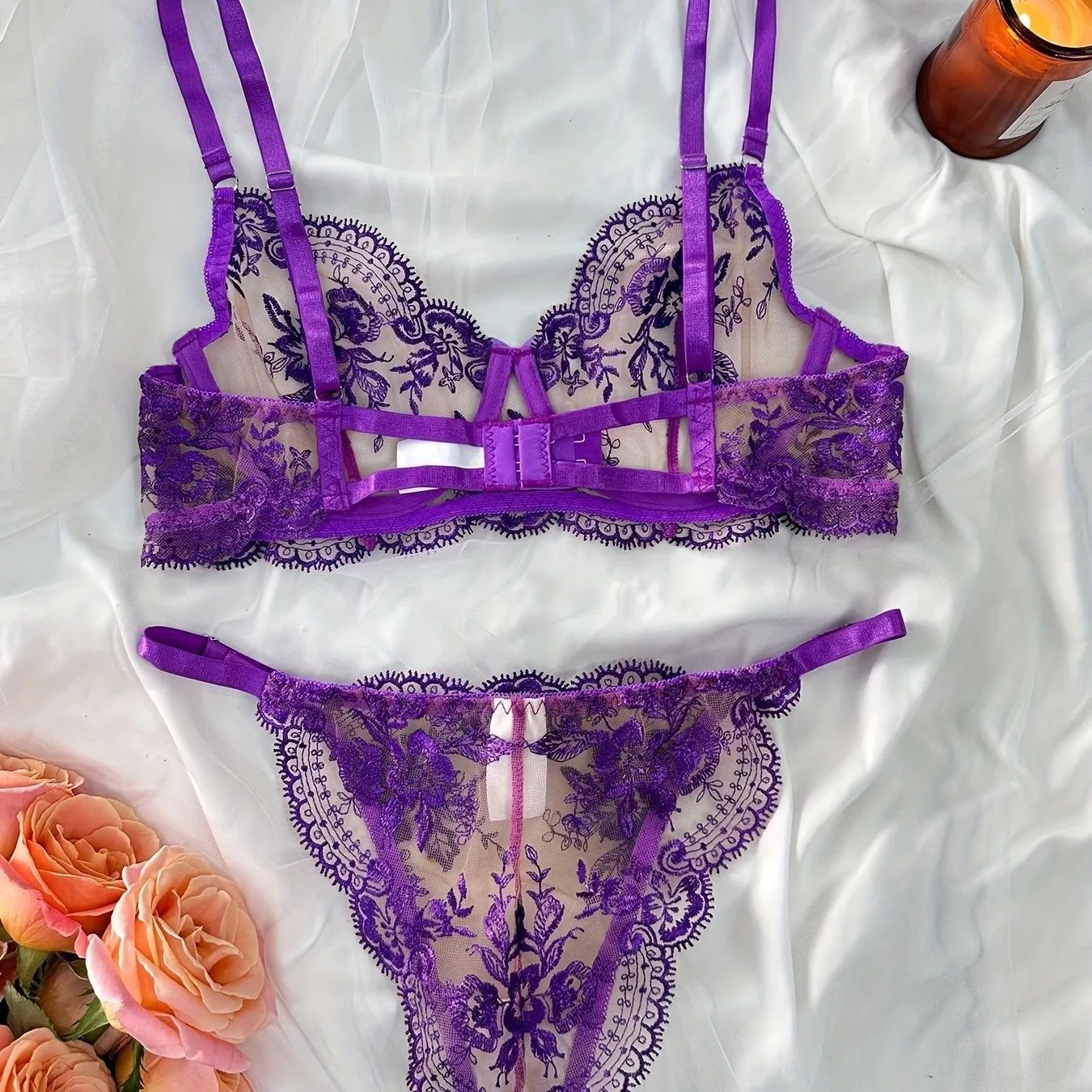 Sexy Blumenstickerei Unterwäsche Set Home Freizeit BH Set Netzstoff Reine Farbe Vier Jahreszeiten Geeignete Damen Unterbekleidung