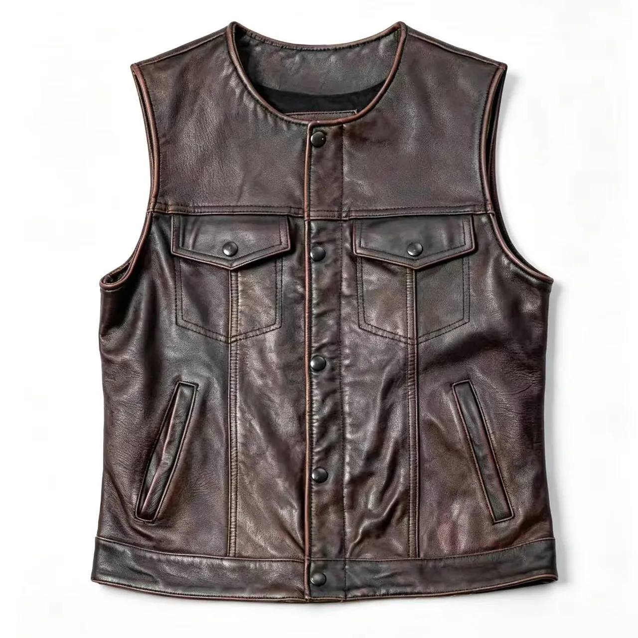 Red Brown Spring Leather Vest Men Retro Style Plus Size 6XL Genuine Natural Cowhide O-Neck Collar Slim Fit Short Sleeveless Coat