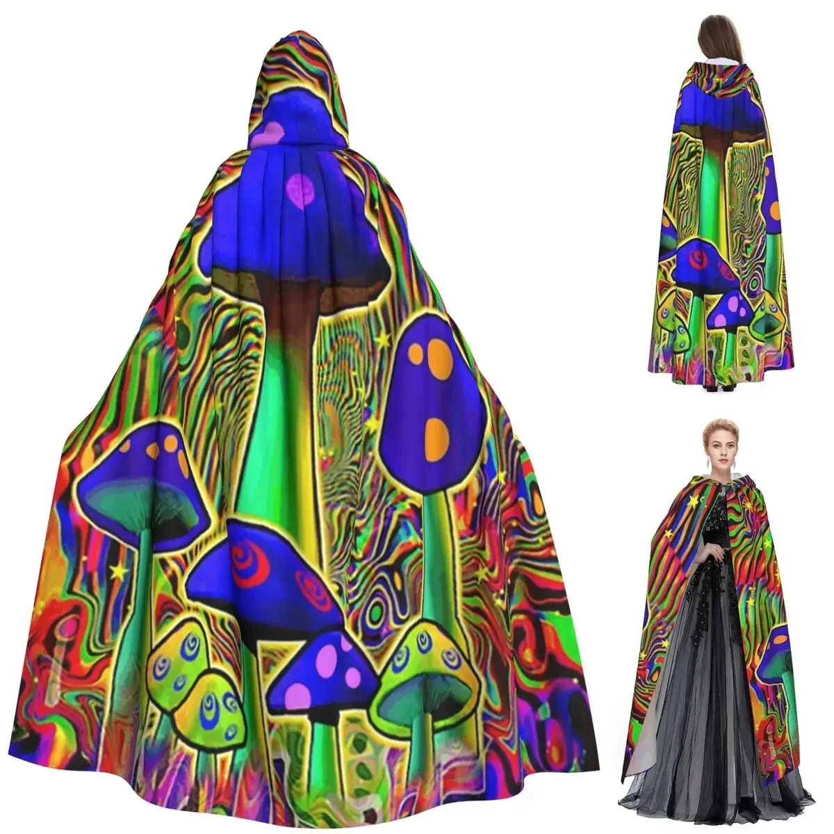 Custom Psychedelic Mushroomsprin Long Hooded Cloak Witch Medieval Costume Cosplay Cape HalloweenParty Adult Unisex
