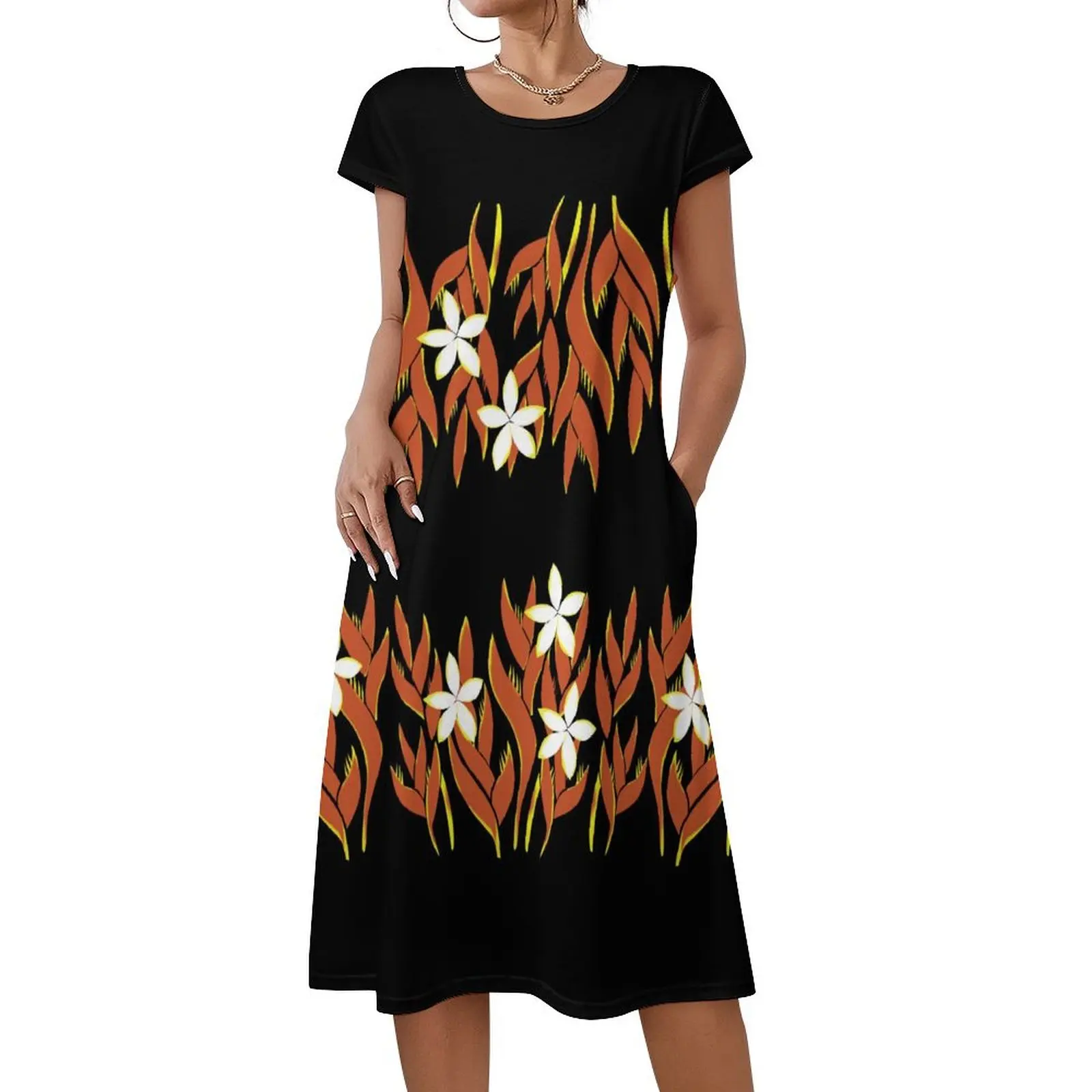 Letnia sukienka damska bez rękawów z krótkim rękawem, luźna, szyta na miarę, z polinezyjskim wzorem tribalnym i kwiatowym.