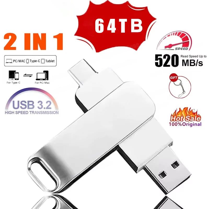 High-Speed Type-C 2-in-1 USB Flash Drive OTG Pen Drive Memory Stick U Disk  520MB/s Waterproof for Phone PC Network Card 2026