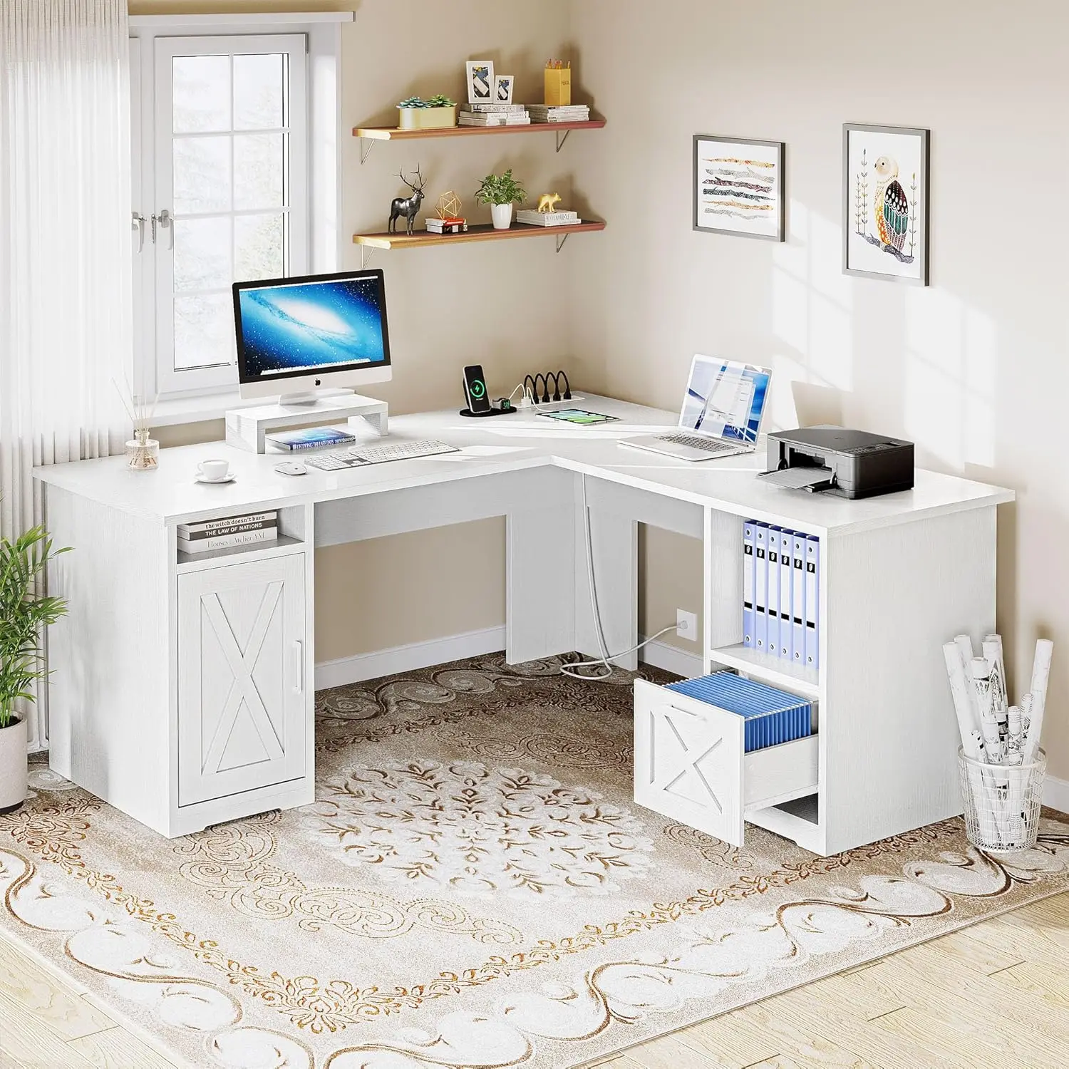 Shaped Desk with Power Outlets, 60 Inch Computer Corner with File Drawer, Home Office with Monitor Stand