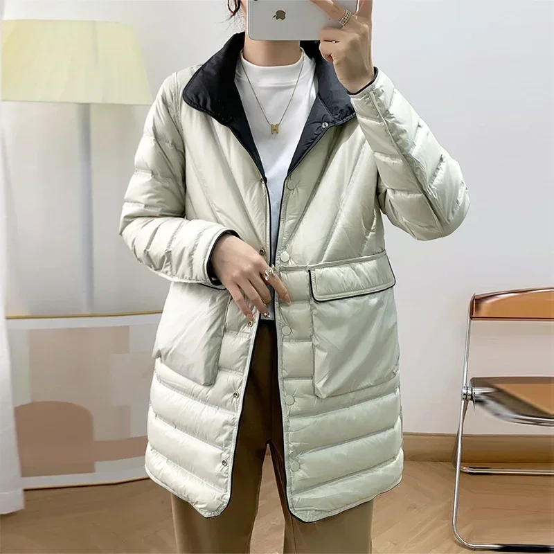 2024 Winter Women Light White Duck Down Long Jacket Stand Collar Double-Sided Puffer Coat Female Single Breasted Parka