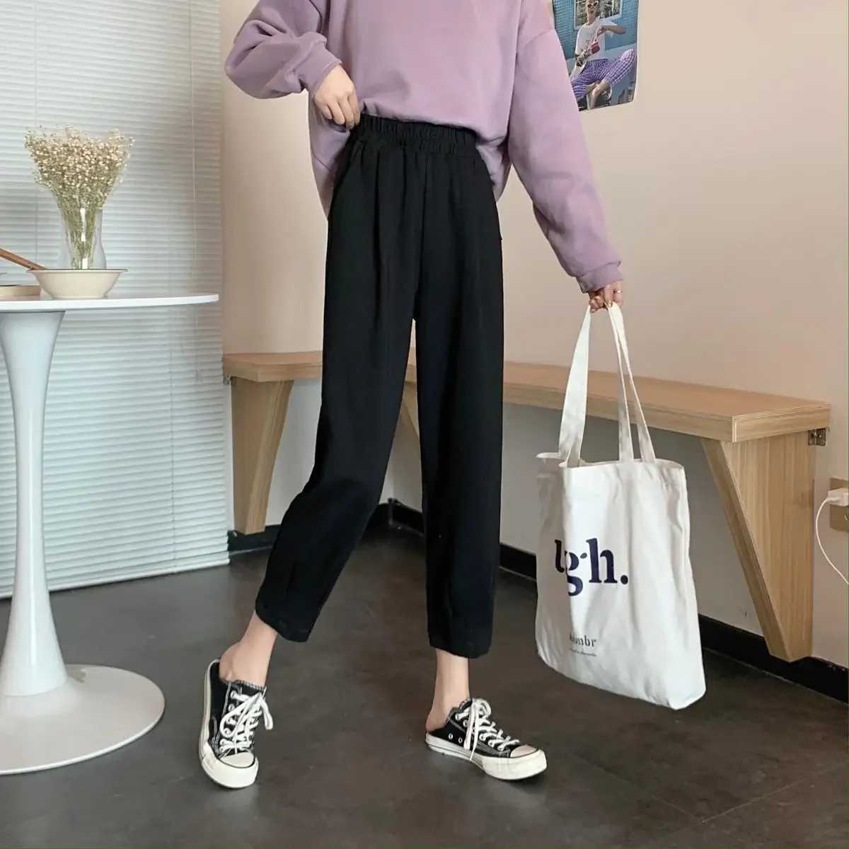 

Брюки длиной до щиколотки, женские свободные брюки-шаровары с карманами BF, модная уличная одежда Ulzzang, студенческая шикарная модная одежда с эластичной резинкой на талии для тренировок