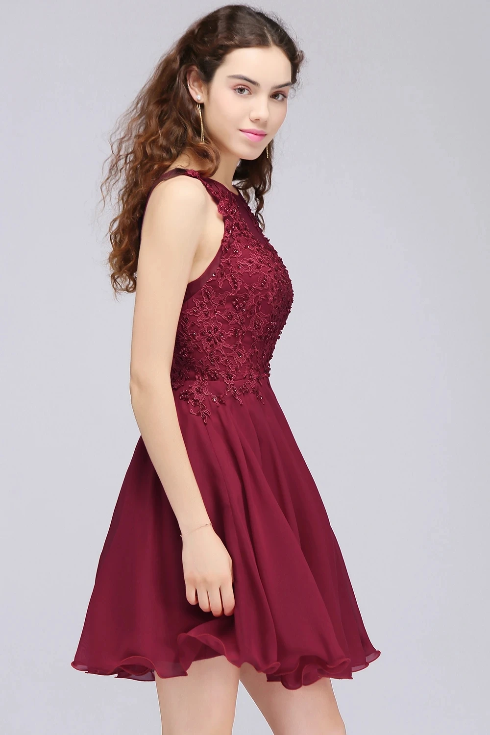 BABYONLINE Homecoming Dress Evening Dress With Decortion Beads Stones on Floral Integrated Cups Glitter Chiffon A-line Skirt