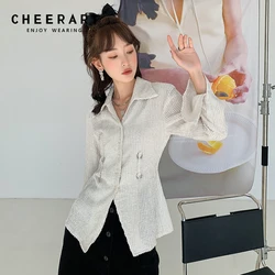 CHEERART 2022 Fashoin Women Ribbed Tunics Button Up Shirt For Women Hollow Out Long Sleeve Collared Shirt Blouse Designer Top